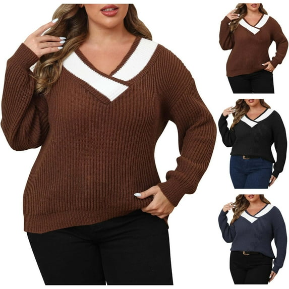 ZyeKqe Womens Oversized Sweater Long Sleeve Tops Casual V Neck Shirt Color Block Lightweight Fall Pullover Sweaters