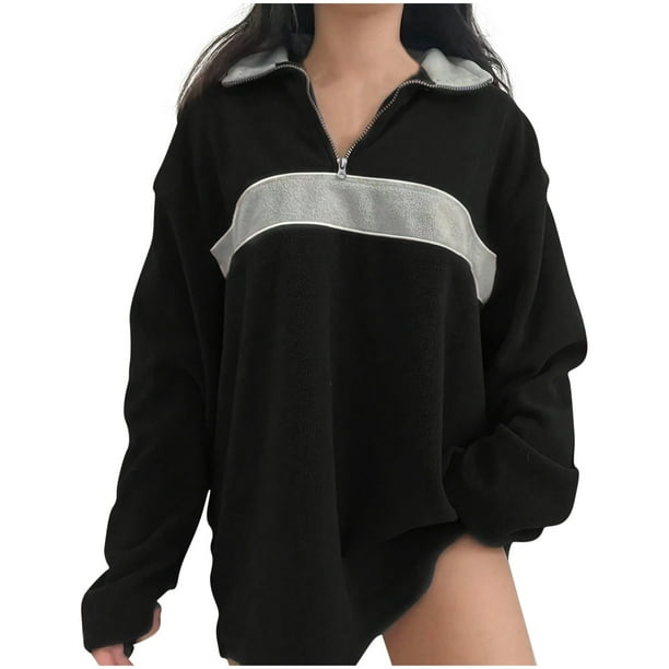 ZyeKqe Womens Oversized Sweatshirts Long Sleeve Shirts Zip up Lapel V Neck Tops Color Block Casual Loose Pullovers