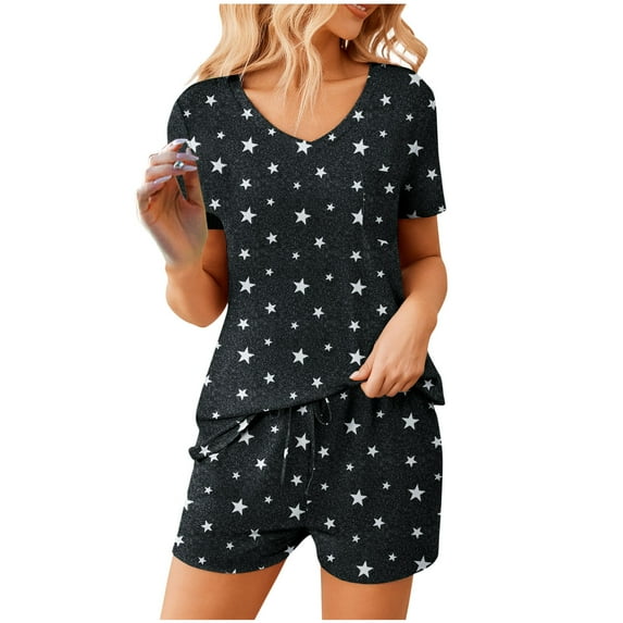 ZyeKqe Womens Pajama Sets Soft Short Sleeve T Shirt and Shorts 2 Pieces Lounge Outfit Printed Sets with Pockets