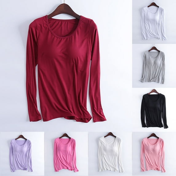ZyeKqe Womens Pajama Tops Built in Bra Long Sleeve Crew Neck Solid Color Comfy Soft Basic Top Tees Sleepwear