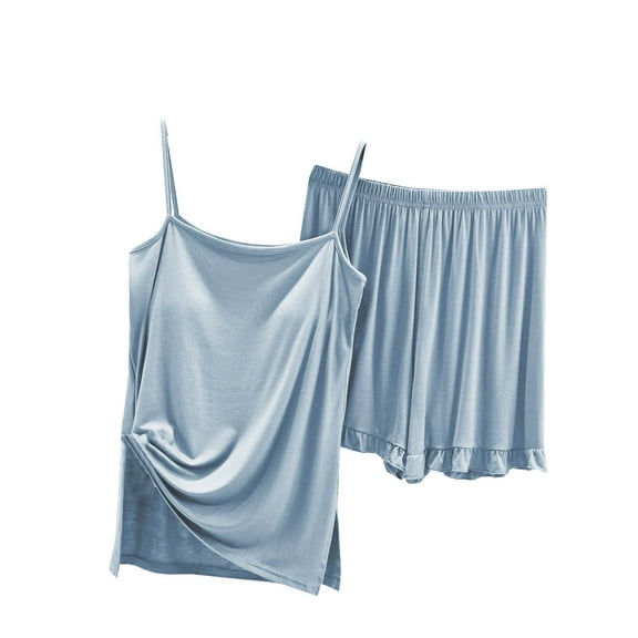 ZyeKqe Womens Pajamas Sets Built in Bra Sleepwear Sleeveless Spaghetti Strap Top High Waisted Shorts Loungewear