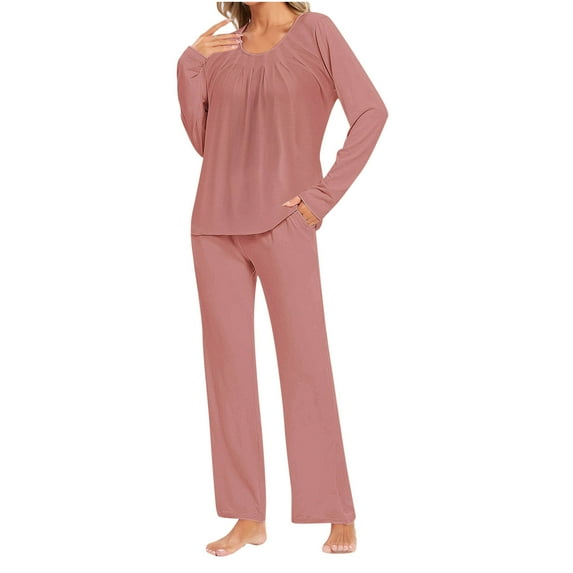ZyeKqe Womens Pajamas Suits Long Sleeve Crewneck Pleated Top Wide Leg Pants Casual Comfy Sleepwear Soft Pjs Set