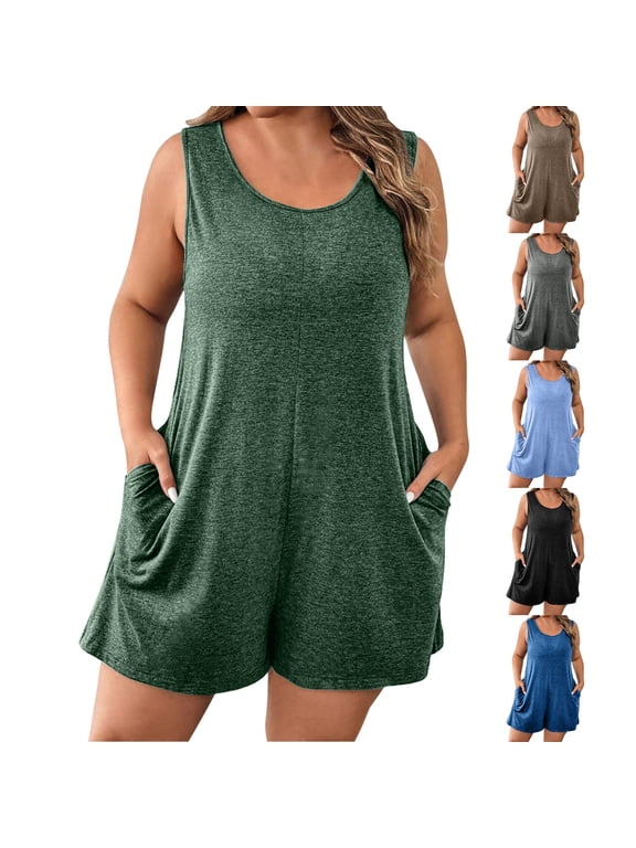 Womens Plus Size Jumpsuits Crew Neck Casual Sleeveless Rompers Solid Color Short Overalls with Pockets