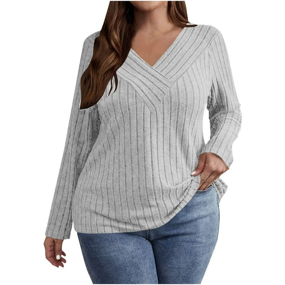 ZyeKqe Womens Plus Size Sweaters Long Sleeve Shirts Casual V Neck Top Ribbed Knit Tunic Top Loose Fitted Blouses