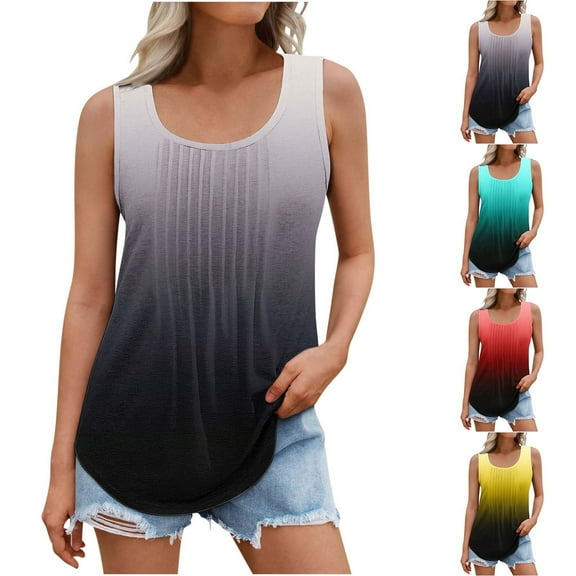 ZyeKqe Womens Plus Size Tank Tops Sleeveless Shirts Dressy Casual Blouses Pleated Tunic Top Gradient Color