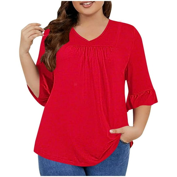 ZyeKqe Womens Plus Size Tops 3/4 Ruffle Sleeve Plain Shirts Casual V Neck Loose Fitted Tunic Blouses