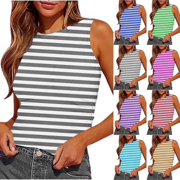 ZyeKqe Womens Ribbed Knit Tank Tops Crewneck Sleeveless Slim Fitted Shirts Striped Summer Casual Basic Tanks Tee Shirts