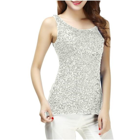 ZyeKqe Womens Sequin Tank Tops Casual Sleeveless Shirts Scoop Neck Going out Tops Sparkly Glitter Party Top Club Outfits