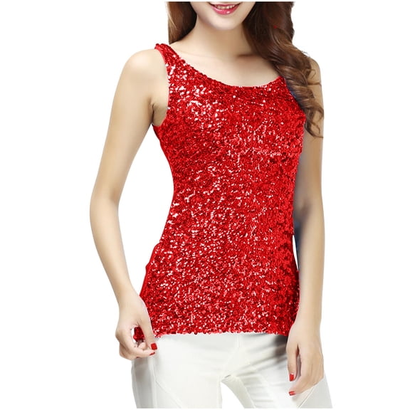 ZyeKqe Womens Sequin Tank Tops Casual Sleeveless Shirts Scoop Neck Going out Tops Sparkly Glitter Party Top Club Outfits