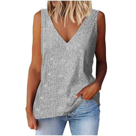 ZyeKqe Womens Sequin Tank Tops V Neck Sparkly Sleeveless Camisole Tops Summer Fashion Party Blouses S-XXL