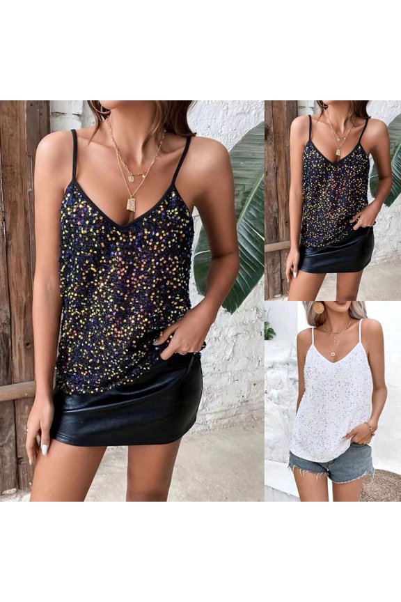 Womens Sequin Tops V-Neck Sparkly Tank Tops Spaghetti Strap Camisole Party Club Cocktail Cami