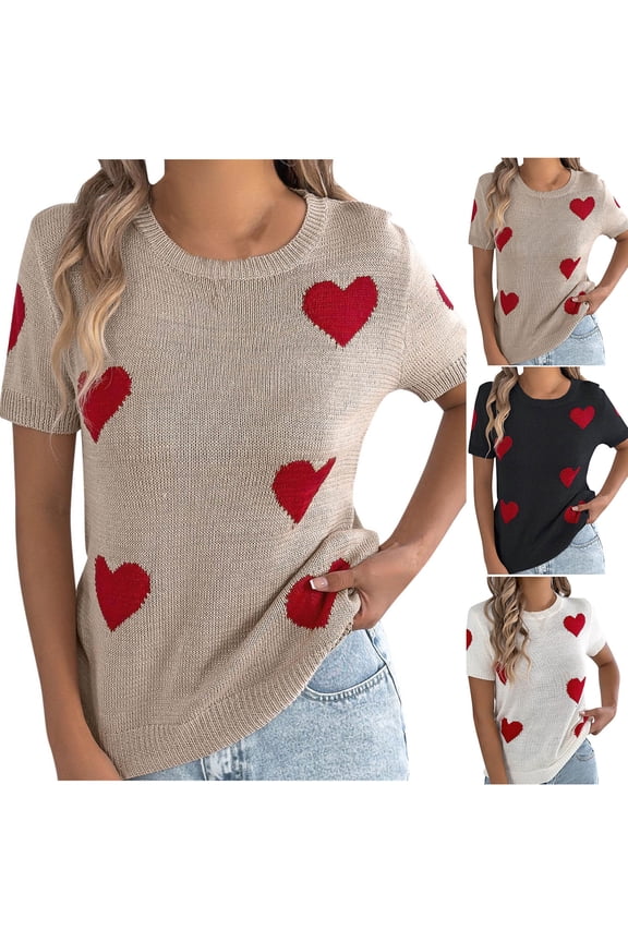 Womens Short Sleeve Sweaters Heart Print Crewneck Pullover Knit Tops Lightweight Summer Tops