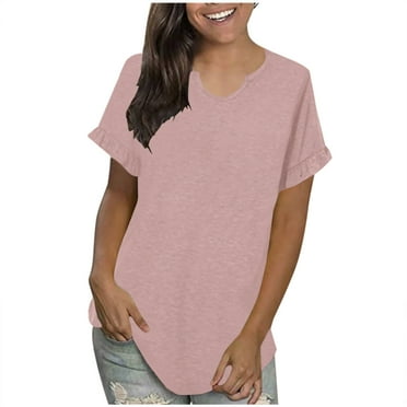 ZyeKqe Womens Short Sleeve Tops V Neck T Shirts Solid Color Loose Blouses Summer Clothes