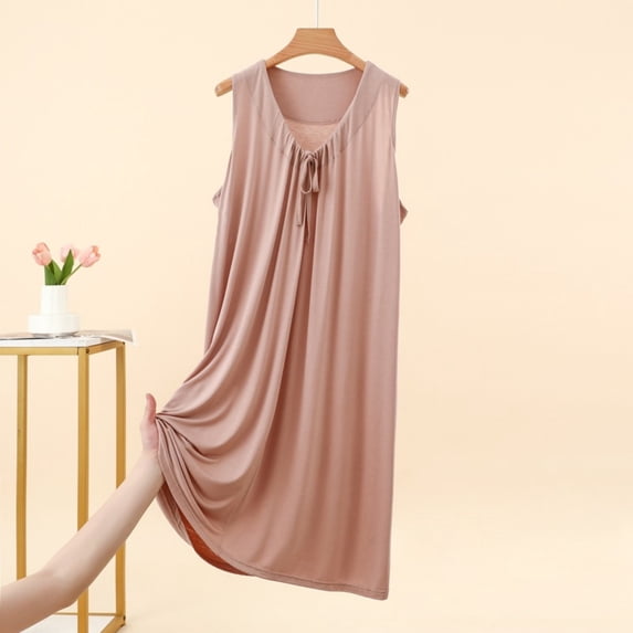 ZyeKqe Womens Sleep Shirts Sleeveless Crewneck Nightgown Tie Front Pleated Casual Lightweight Comfy Home Wear Dress