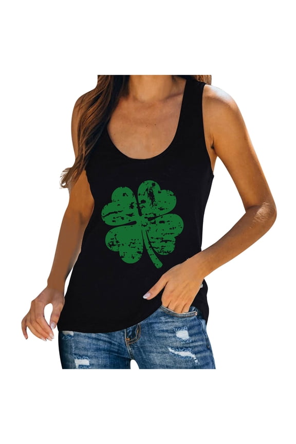 Womens St.Patrick's Day Tank Tops Sleeveless Scoop Neck Summer Tops Clover Print Casual Loose T Shirts
