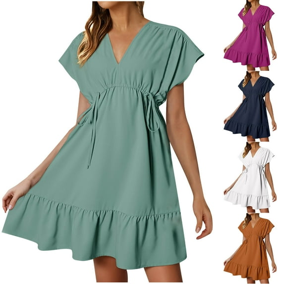 ZyeKqe Womens Summer Dresses Short Sleeve V Neck Sundress Drawstring Casual Ruffle A-Line Mini Dress