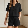 thumbnail image 1 of ZyeKqe Womens Summer Sets Button V Neck Short Sleeve Shirts Drawstring Elastic Waist Shorts Casual 2 Piece Workout Sets, 1 of 7