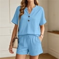 thumbnail image 1 of ZyeKqe Womens Summer Sets Button V Neck Short Sleeve Shirts Drawstring Elastic Waist Shorts Casual 2 Piece Workout Sets, 1 of 7