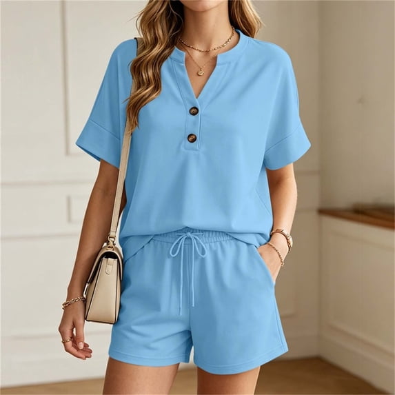 ZyeKqe Womens Summer Sets Button V Neck Short Sleeve Shirts Drawstring Elastic Waist Shorts Casual 2 Piece Workout Sets
