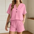 thumbnail image 1 of ZyeKqe Womens Summer Sets Button V Neck Short Sleeve Shirts Drawstring Elastic Waist Shorts Casual 2 Piece Workout Sets, 1 of 7
