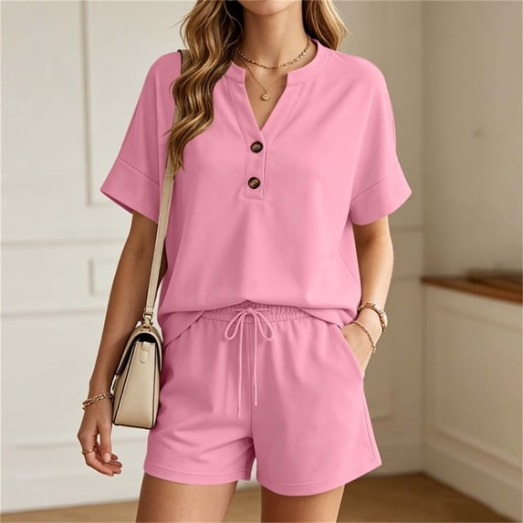 ZyeKqe Womens Summer Sets Button V Neck Short Sleeve Shirts Drawstring Elastic Waist Shorts Casual 2 Piece Workout Sets