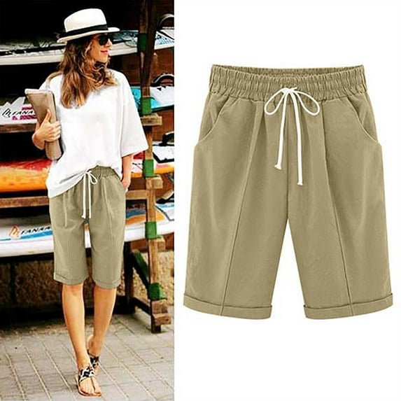 ZyeKqe Womens Summer Shorts Drawstring Knee Length Casual Cotton Shorts Elastic Waist Solid Color Beach Shorts