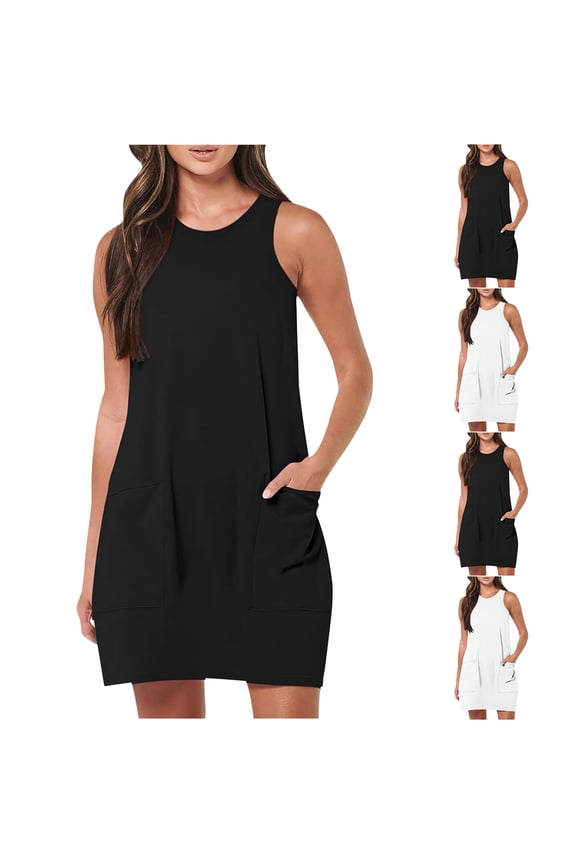 Womens Summer T Shirt Dress Sleeveless Crew Neck Tank Dress Loose Solid Color Basic Dresses with Pockets