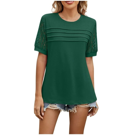 ZyeKqe Womens Summer Tops Lace Crochet Short Sleeve Shirts Crew Neck Pleated Casual T Shirts