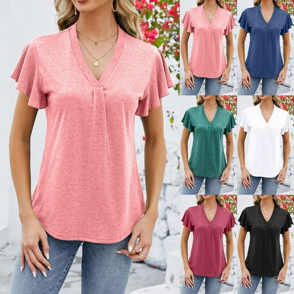 ZyeKqe Womens Summer Tops Ruffle Short Sleeve Shirts Casual V Neck T-Shirt Loose Blouses