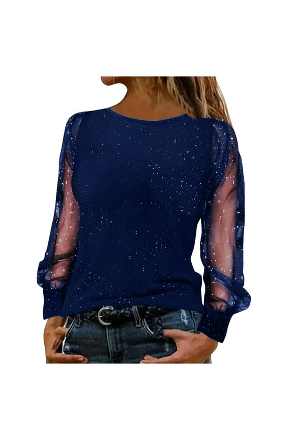 Womens Summer Tops Sheer Mesh Long Sleeve Crewneck Sequin Blouse Slim Fitted Casual Tunic Tops