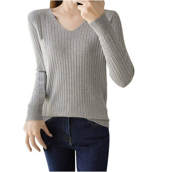 ZyeKqe Womens Sweaters Long Sleeve Top Casual V Neck Knit Top Solid Color Lightweight Pullovers