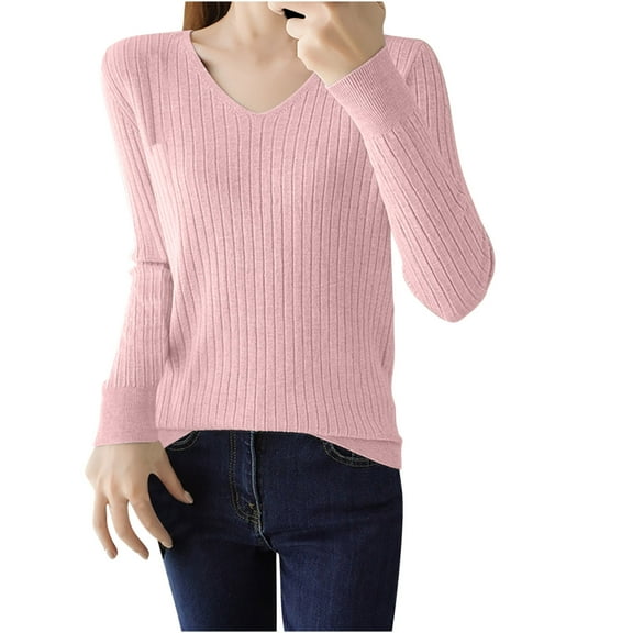 ZyeKqe Womens Sweaters Long Sleeve Top Casual V Neck Knit Top Solid Color Lightweight Pullovers