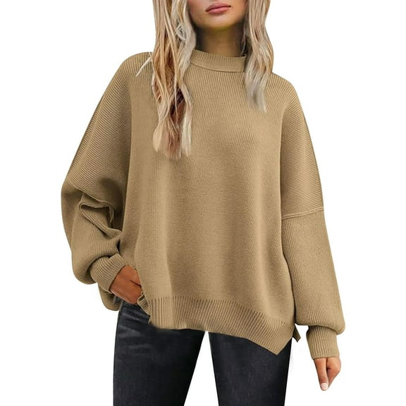 ZyeKqe Womens Sweaters Puff Long Sleeve Top Crewneck Pullover Top Side Split Loose Fitted Fall Top