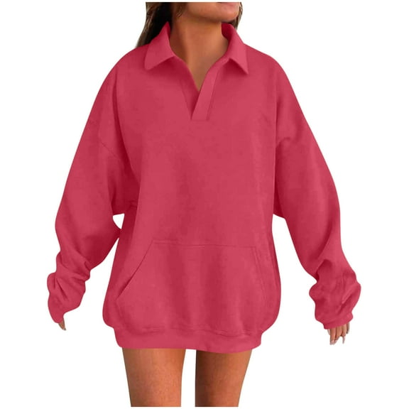 ZyeKqe Womens Sweatshirts Casual Fleece Lined Turn-Down Collar Long Sleeve Fall Dressy Solid Pullover Tops with Pockets