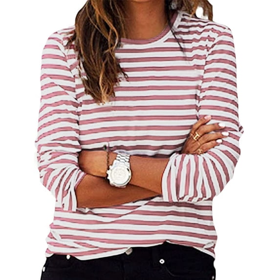 ZyeKqe Womens Sweatshirts Long Sleeve Shirts Crewneck Pullover Tops Striped Colorblock Loose Fitting Top