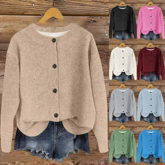 ZyeKqe Cardigan Sweaters for Women Button up Knitted Crewneck Casual Loose Fitted Open Front Sweater Jackets
