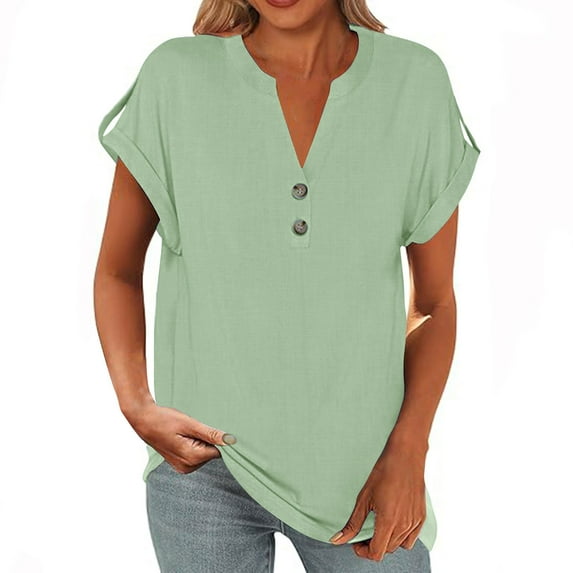 ZyeKqe Womens T Shirts Cap Sleeve Tops Button up V Neck Top Solid Color Basic Summer Tees Tops