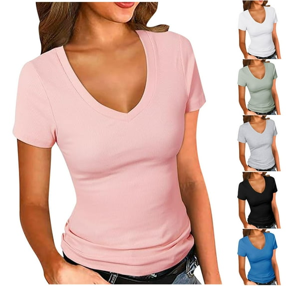 ZyeKqe Womens T Shirts Short Sleeve Shirts Casual V Neck T Shirts Solid Color Slim Fitted Tight Tees
