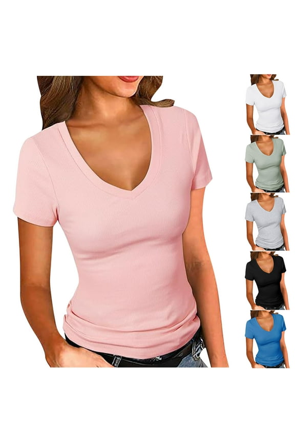 Womens T Shirts Short Sleeve Shirts Casual V Neck T Shirts Solid Color Slim Fitted Tight Tees