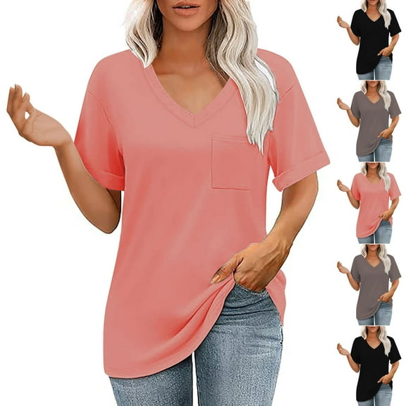 ZyeKqe Womens T Shirts Short Sleeve V Neck Loose Casual Plain Basic Summer Tops with Chest Pocket