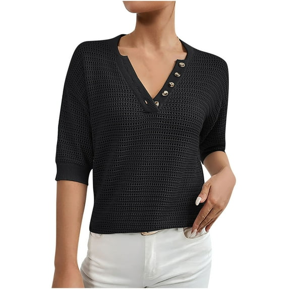 ZyeKqe Womens T Shirts V Neck Half Sleeve Shirts Button up Tops Casual Summer Top Blouse