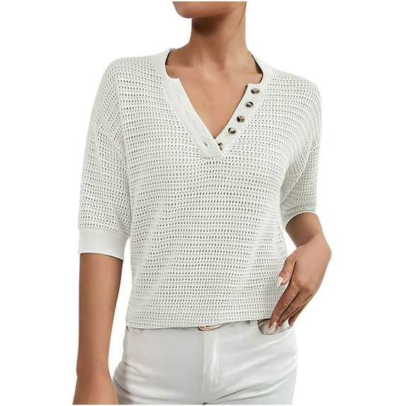 ZyeKqe Womens T Shirts V Neck Half Sleeve Shirts Button up Tops Casual Summer Top Blouse