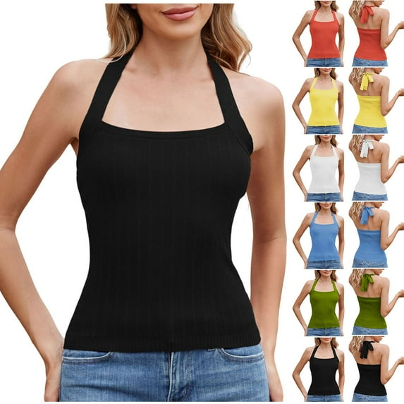 ZyeKqe Womens Tank Top Ruched Crop Tops Backless Sleeveless Shirts Slim Fitted Camisole Tops
