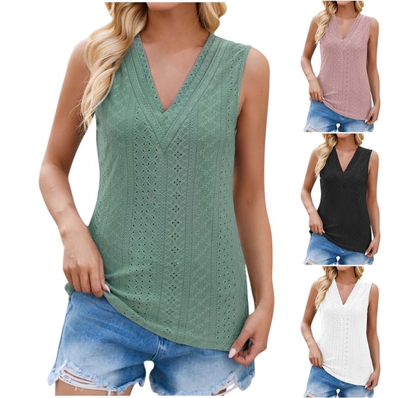 ZyeKqe Womens Tank Tops Eyelet Embroidery V Neck Shirts Summer Sleeveless Tops Casual Loose T Shirts