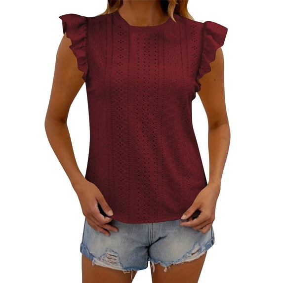 ZyeKqe Womens Tank Tops Eyelet Ruffle Cap Sleeve Shirts Crewneck Eyelet Dressy Casual Blouses