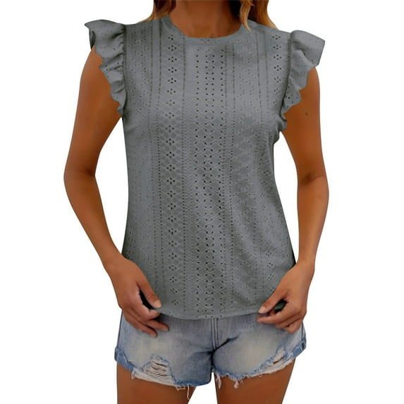 ZyeKqe Womens Tank Tops Eyelet Ruffle Cap Sleeve Shirts Crewneck Eyelet Dressy Casual Blouses