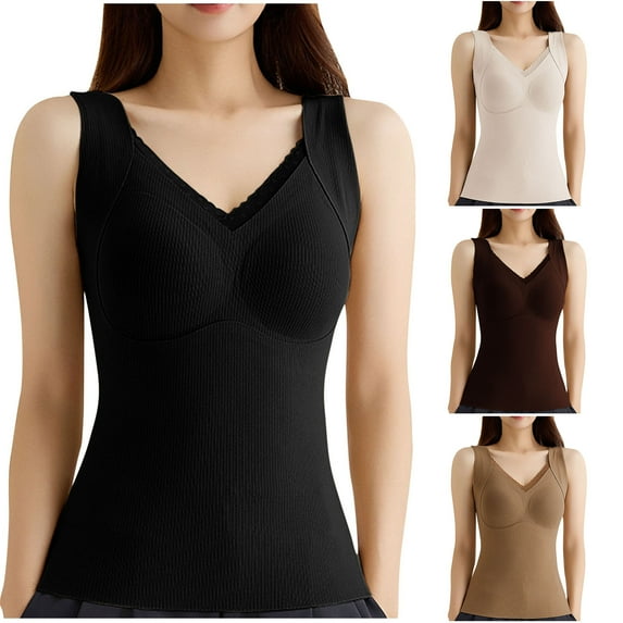 ZyeKqe Womens Tank Tops with Built in Bra Pajamas Vests V Neck Sleeveless Undershirts Soft Comfy Base Layer Top