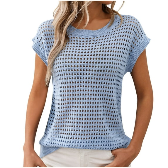 ZyeKqe Womens Tops Crochet Cap Sleeve Knit Summer Shirts Crew Neck Pullover Sweaters Cute Beach Cover ups