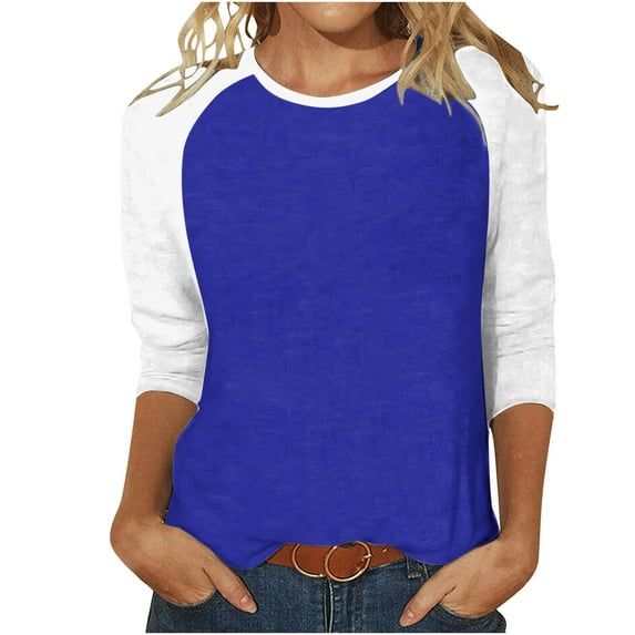 ZyeKqe Womens Tops 3/4 Sleeve Shirts Round Neck Loose Casual Blouses Color Block T Shirts Tees