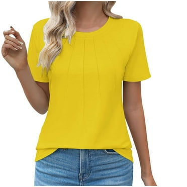 ZyeKqe Womens Tops Casual Summer Round Neck Short Sleeve Basic Tunics Pleated Loose Fitted Plain Shirts